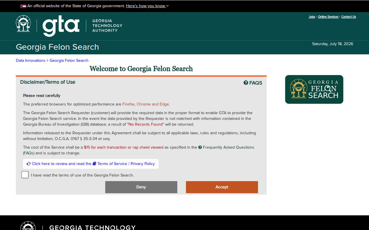 Official Georgia Felon Search interface