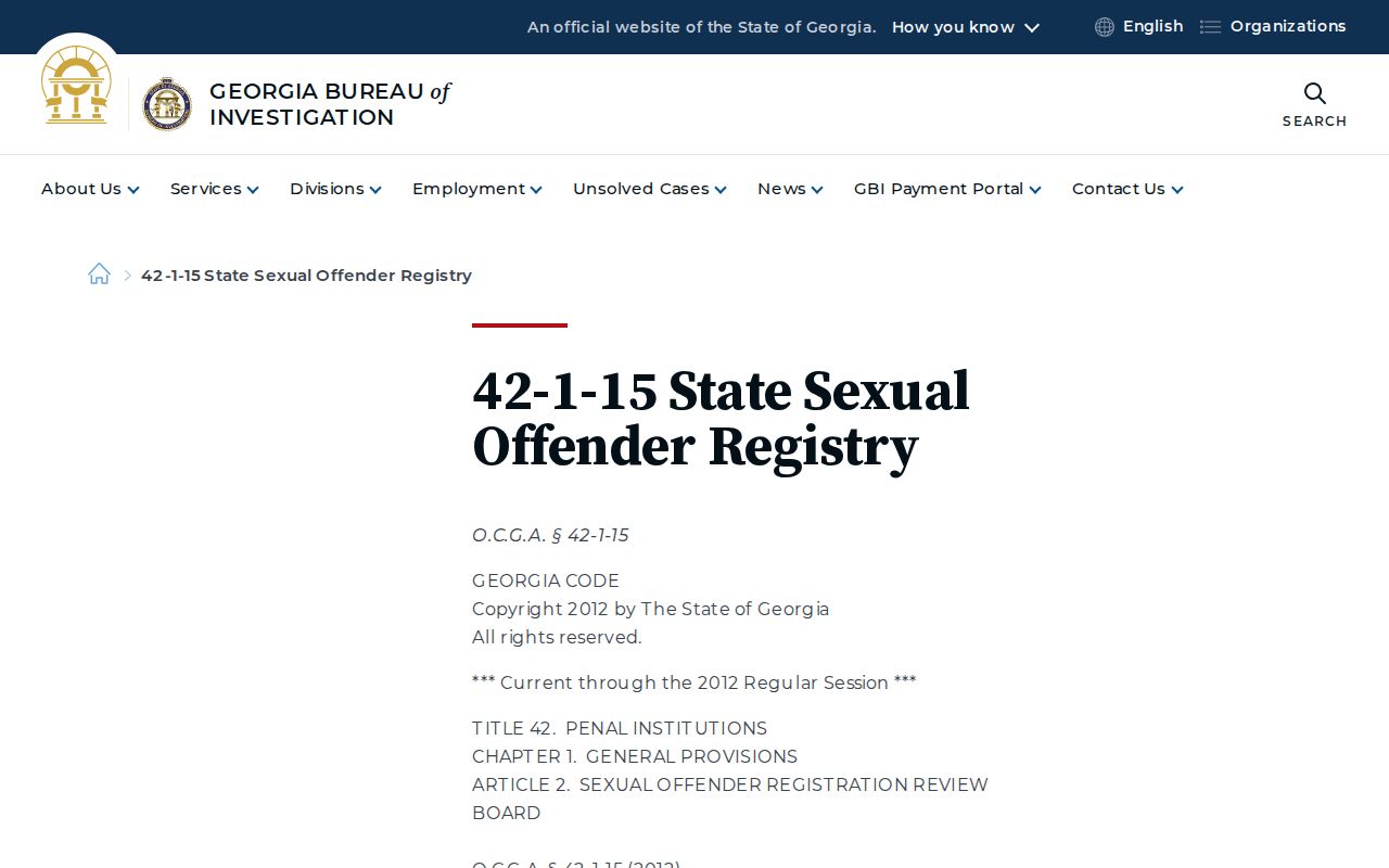 Georgia statute page for sex offender residence and work restrictions